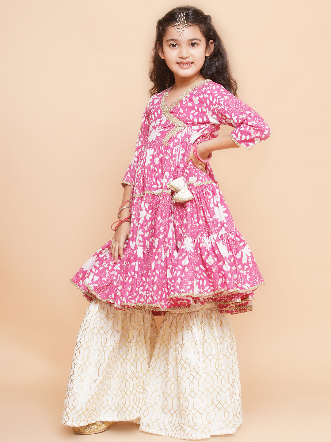Girls Pink Printed Angrakha Tier Kurta with Sharara - Bhama | Swadesiicart