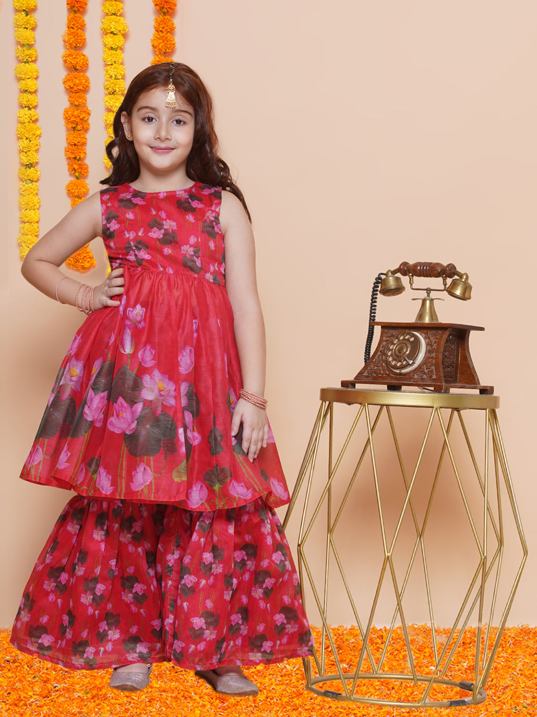 Girls Red Floral Printed Kurta With Sharara - Bhama | Swadesiicart