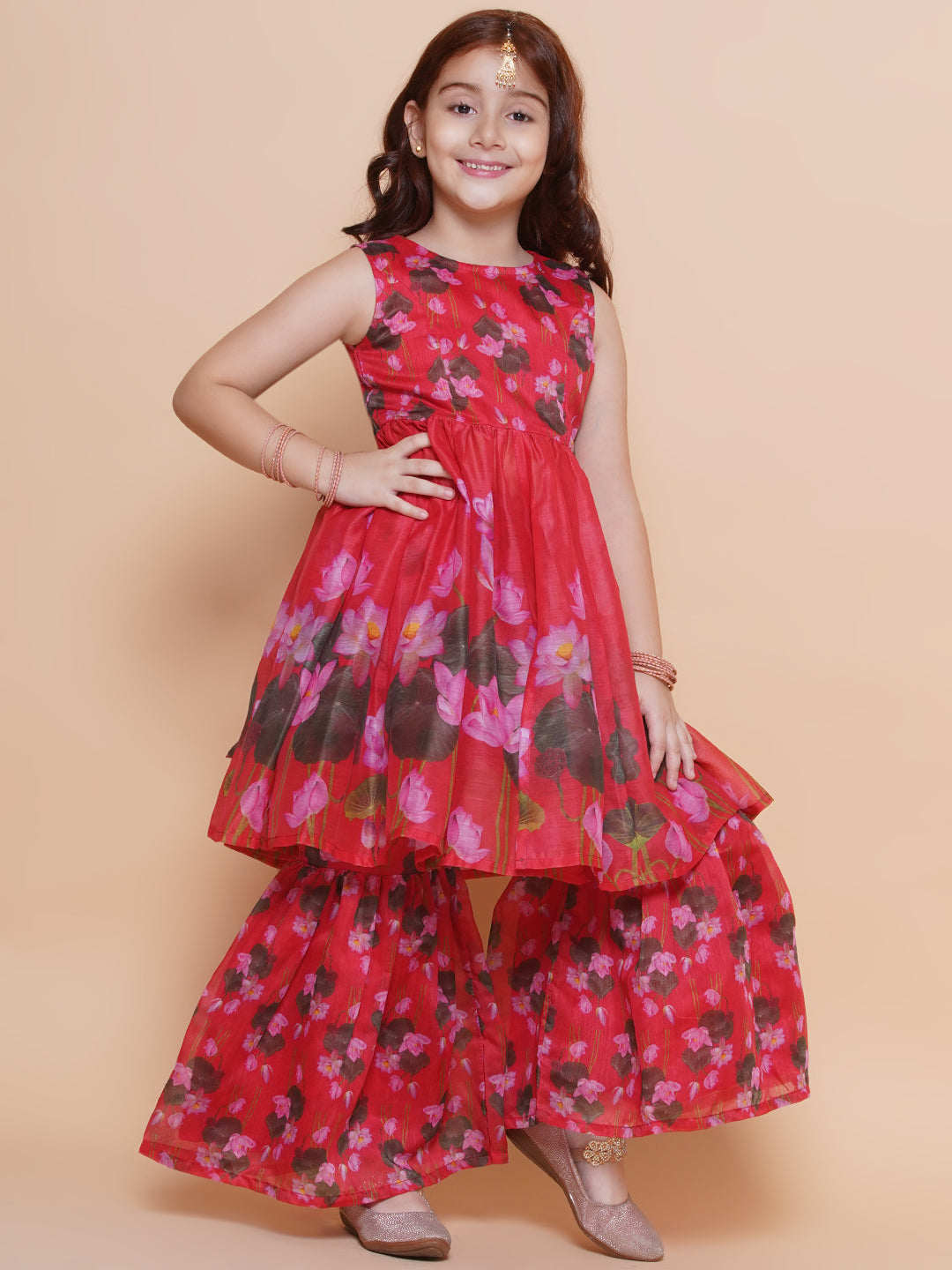 Girls Red Floral Printed Kurta With Sharara - Bhama | Swadesiicart