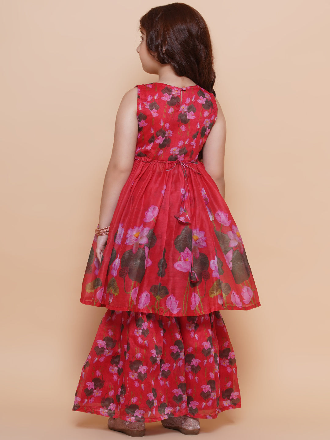 Girls Red Floral Printed Kurta With Sharara - Bhama | Swadesiicart