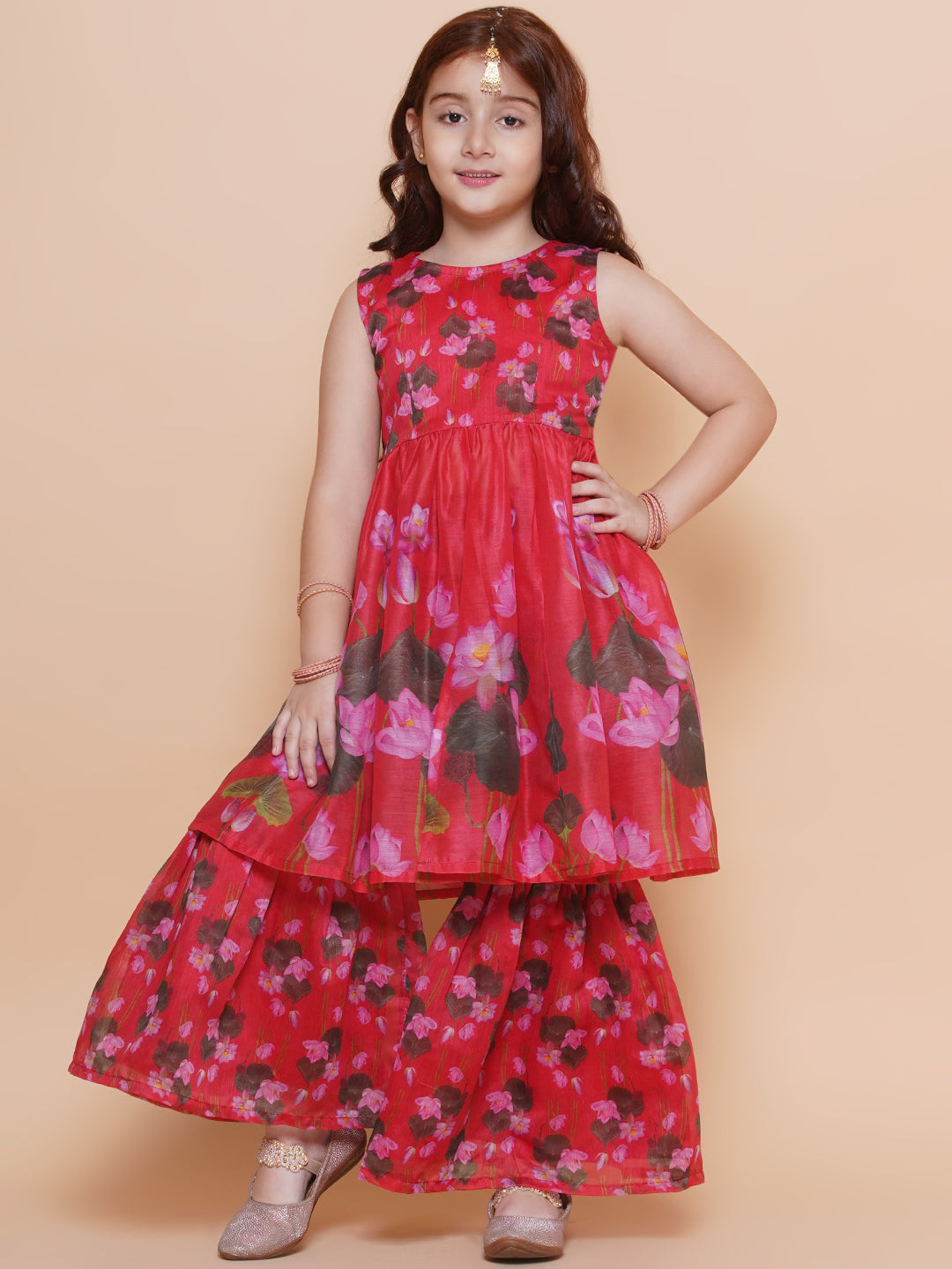 Girls Red Floral Printed Kurta With Sharara - Bhama | Swadesiicart