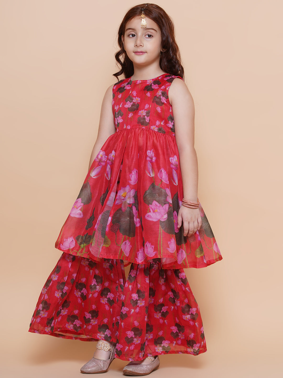 Girls Red Floral Printed Kurta With Sharara - Bhama | Swadesiicart