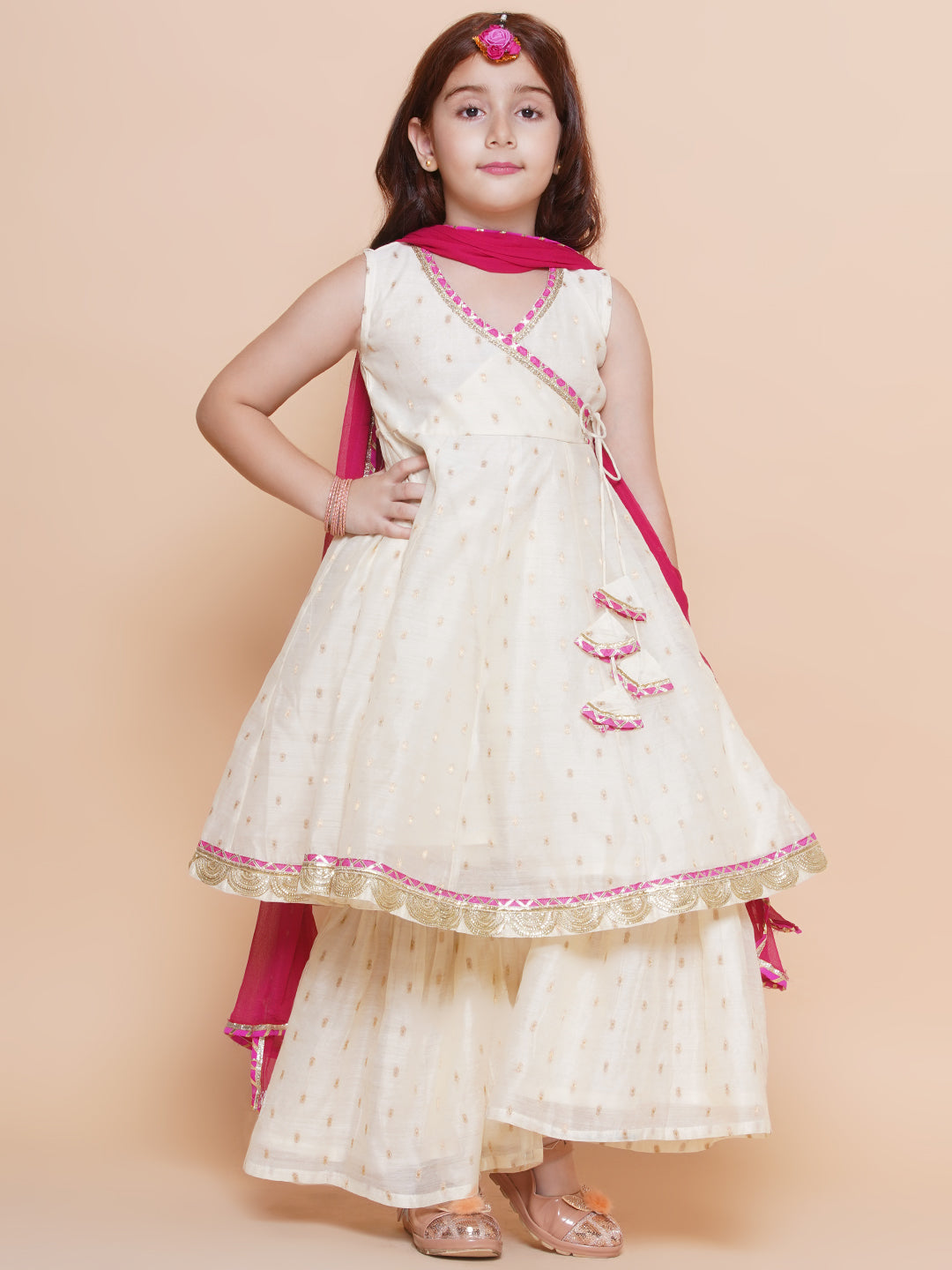 Girls Off white Booti Angrakha Gotta Patti Kurta & Sharara set With Dupatta - Bhama | Swadesiicart