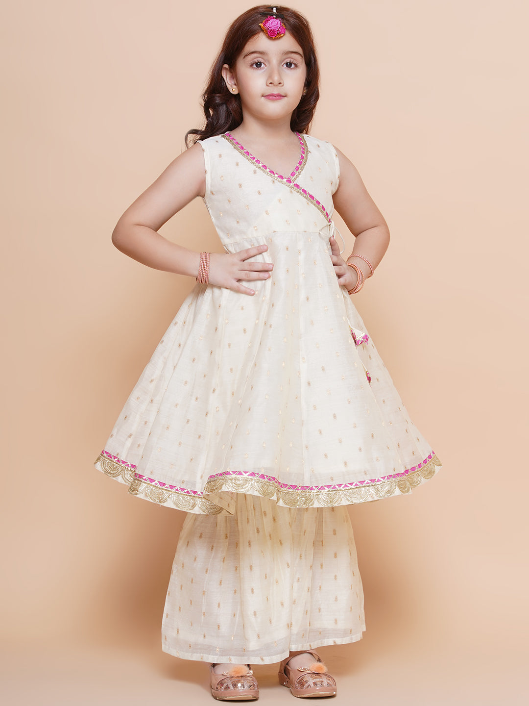 Girls Off white Booti Angrakha Gotta Patti Kurta & Sharara set With Dupatta - Bhama | Swadesiicart