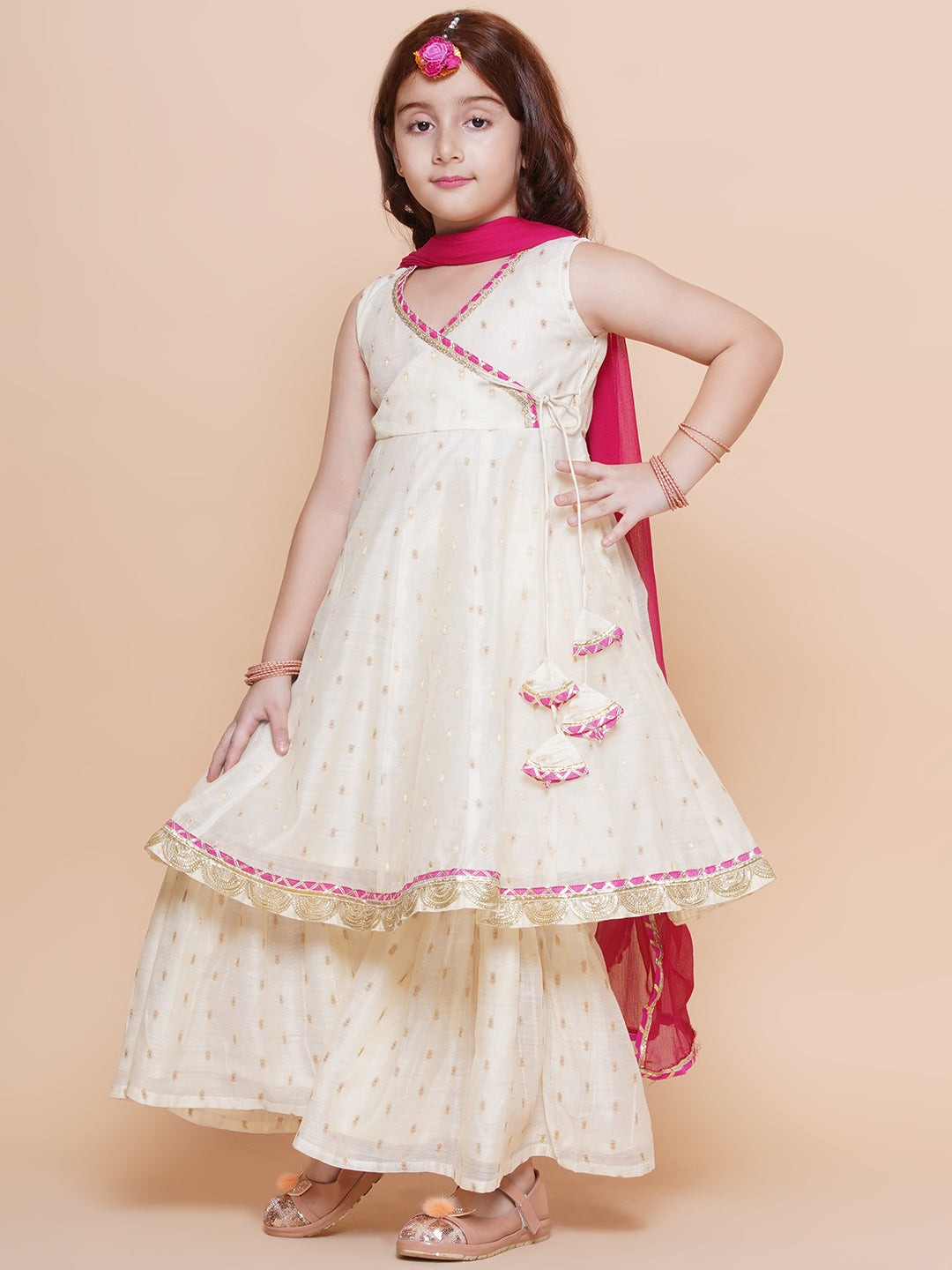 Girls Off white Booti Angrakha Gotta Patti Kurta & Sharara set With Dupatta - Bhama | Swadesiicart