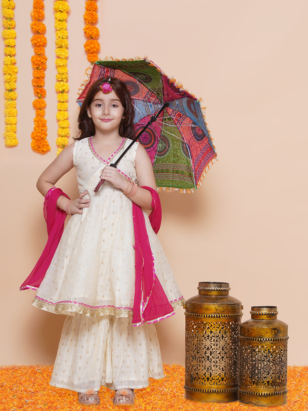 Girls Off white Booti Angrakha Gotta Patti Kurta & Sharara set With Dupatta - Bhama | Swadesiicart