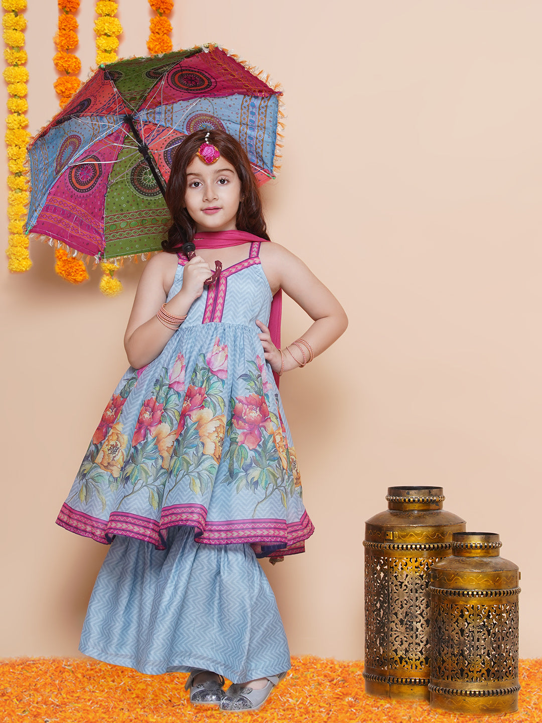 Girls Blue Floral Printed Kurta With Sharara with Dupatta - Bhama | Swadesiicart