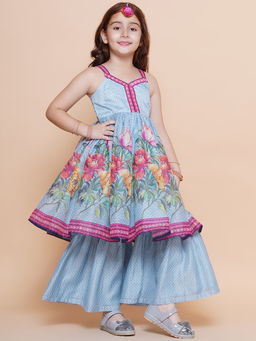 Girls Blue Floral Printed Kurta With Sharara with Dupatta - Bhama | Swadesiicart
