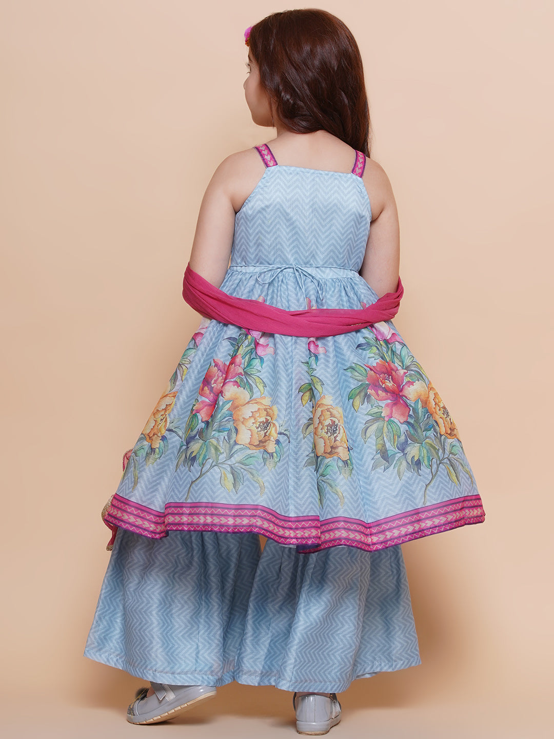 Girls Blue Floral Printed Kurta With Sharara with Dupatta - Bhama | Swadesiicart