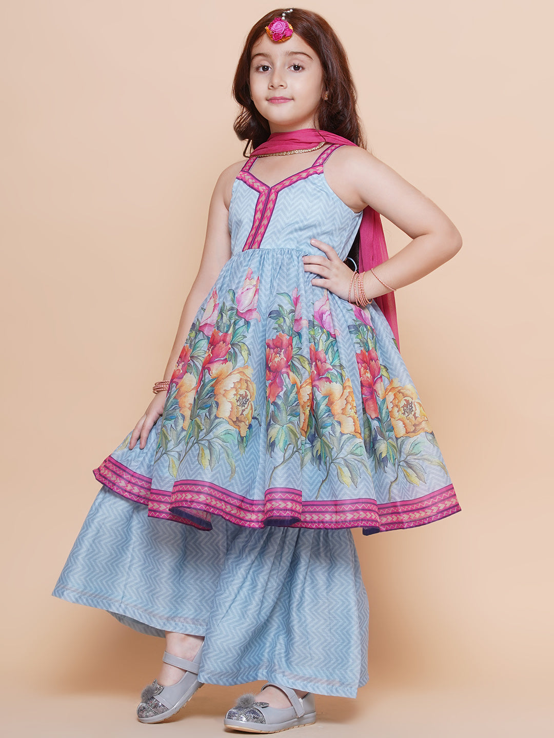 Girls Blue Floral Printed Kurta With Sharara with Dupatta - Bhama | Swadesiicart