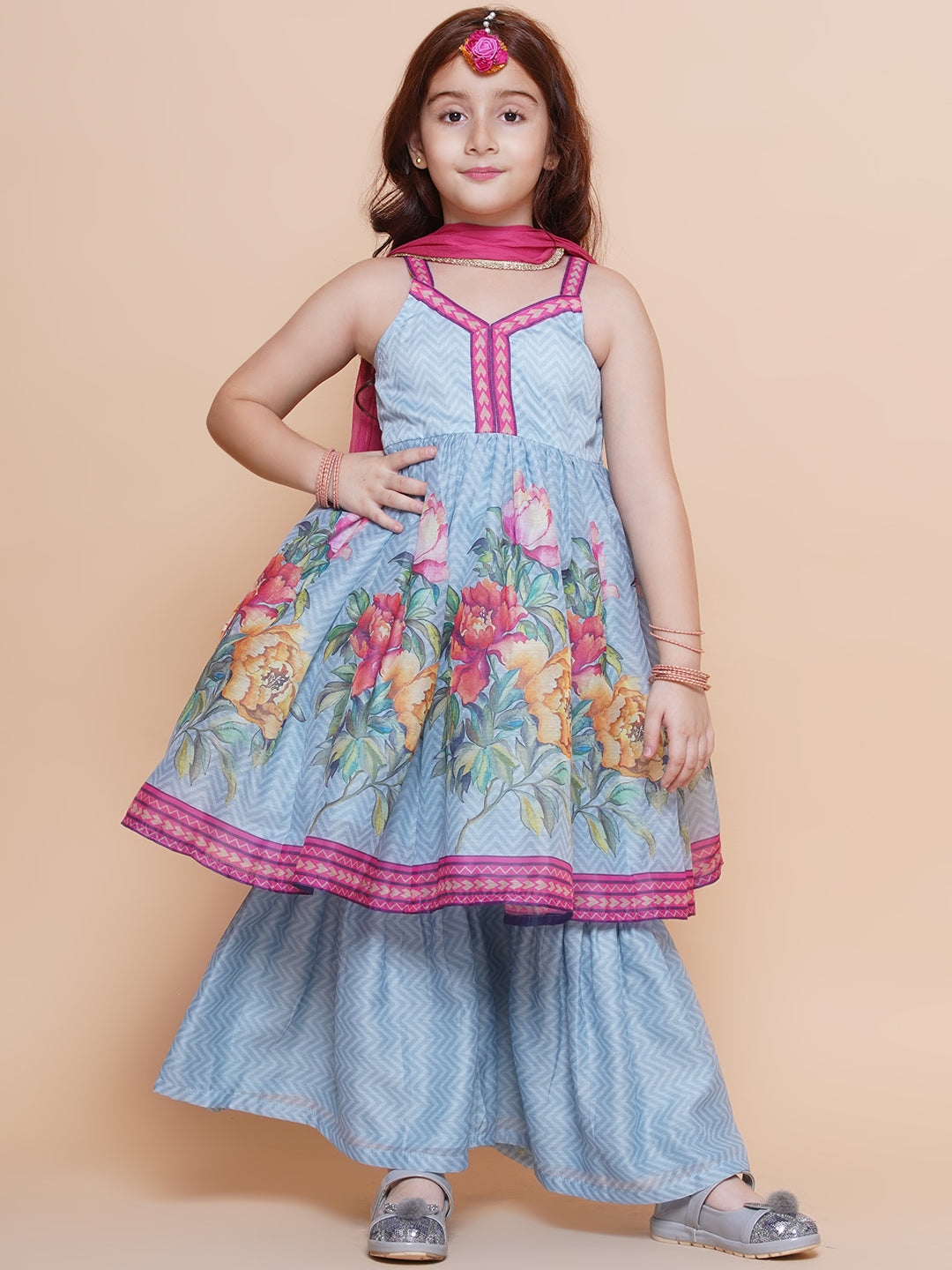 Girls Blue Floral Printed Kurta With Sharara with Dupatta - Bhama | Swadesiicart