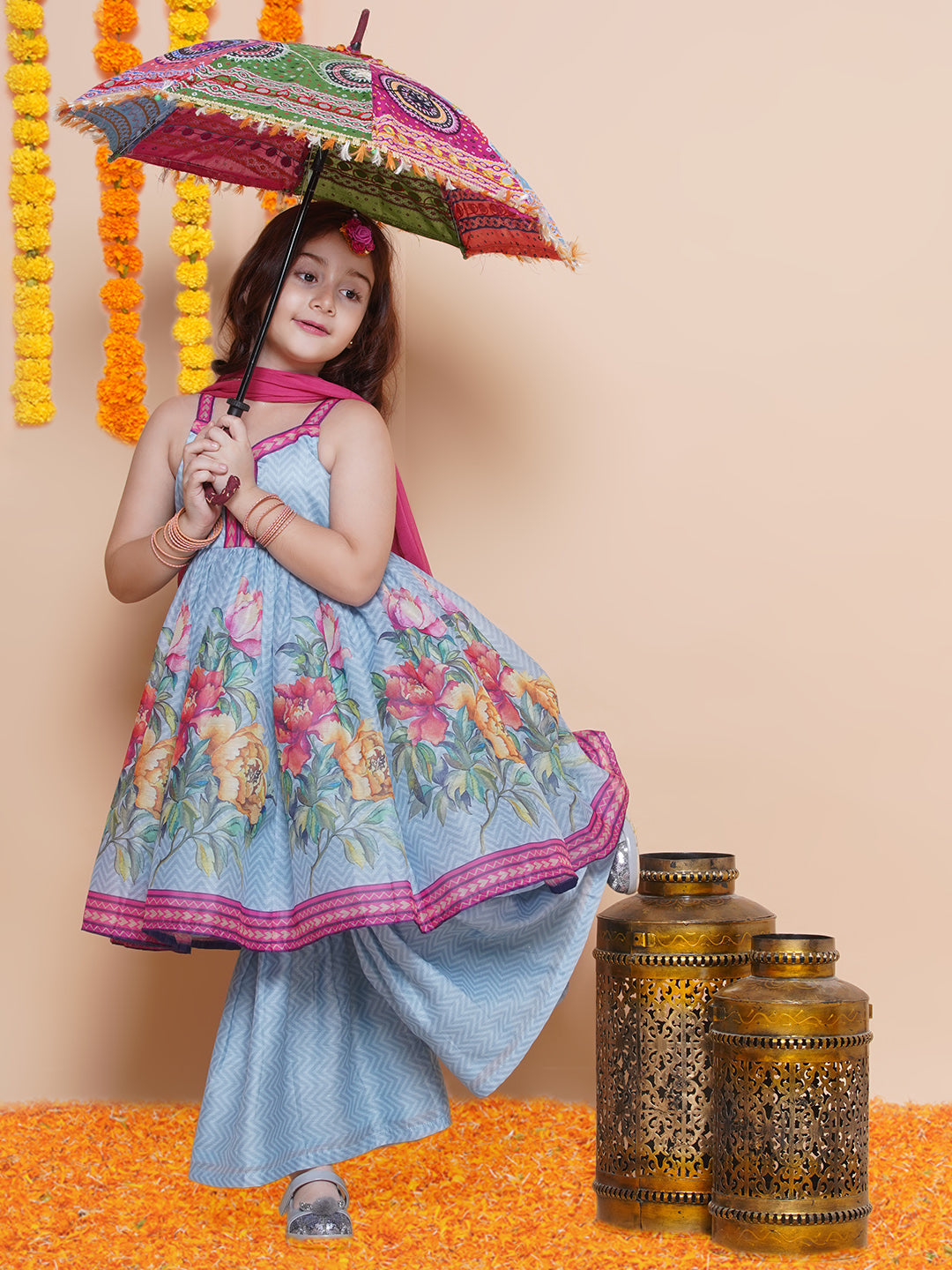 Girls Blue Floral Printed Kurta With Sharara with Dupatta - Bhama | Swadesiicart
