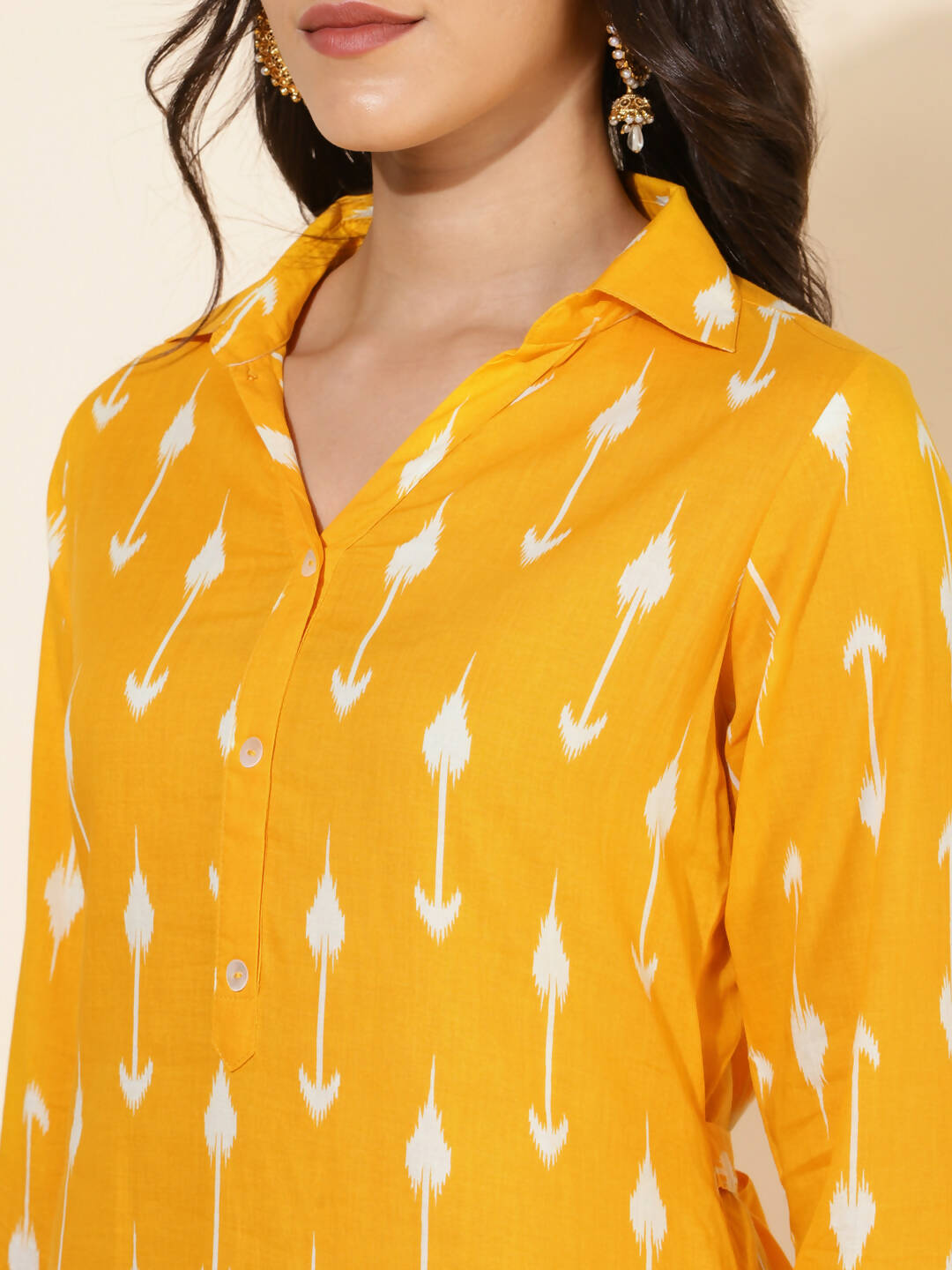 Janasya Women's Yellow Cotton Ikkat Printed Casual Straight Co-ords - Swadesiicart
