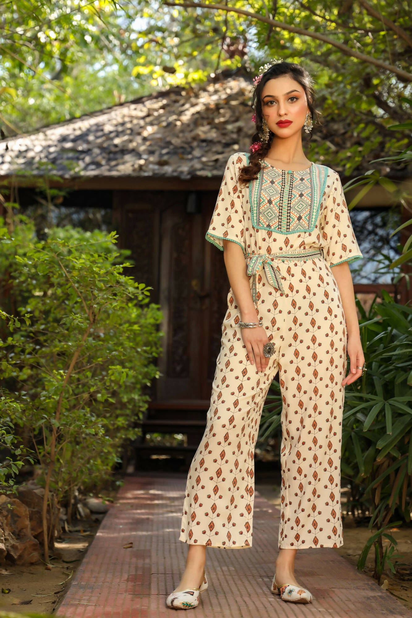 Juniper Women Ivory Rayon Printed Straight Jumpsuit - Swadesiicart
