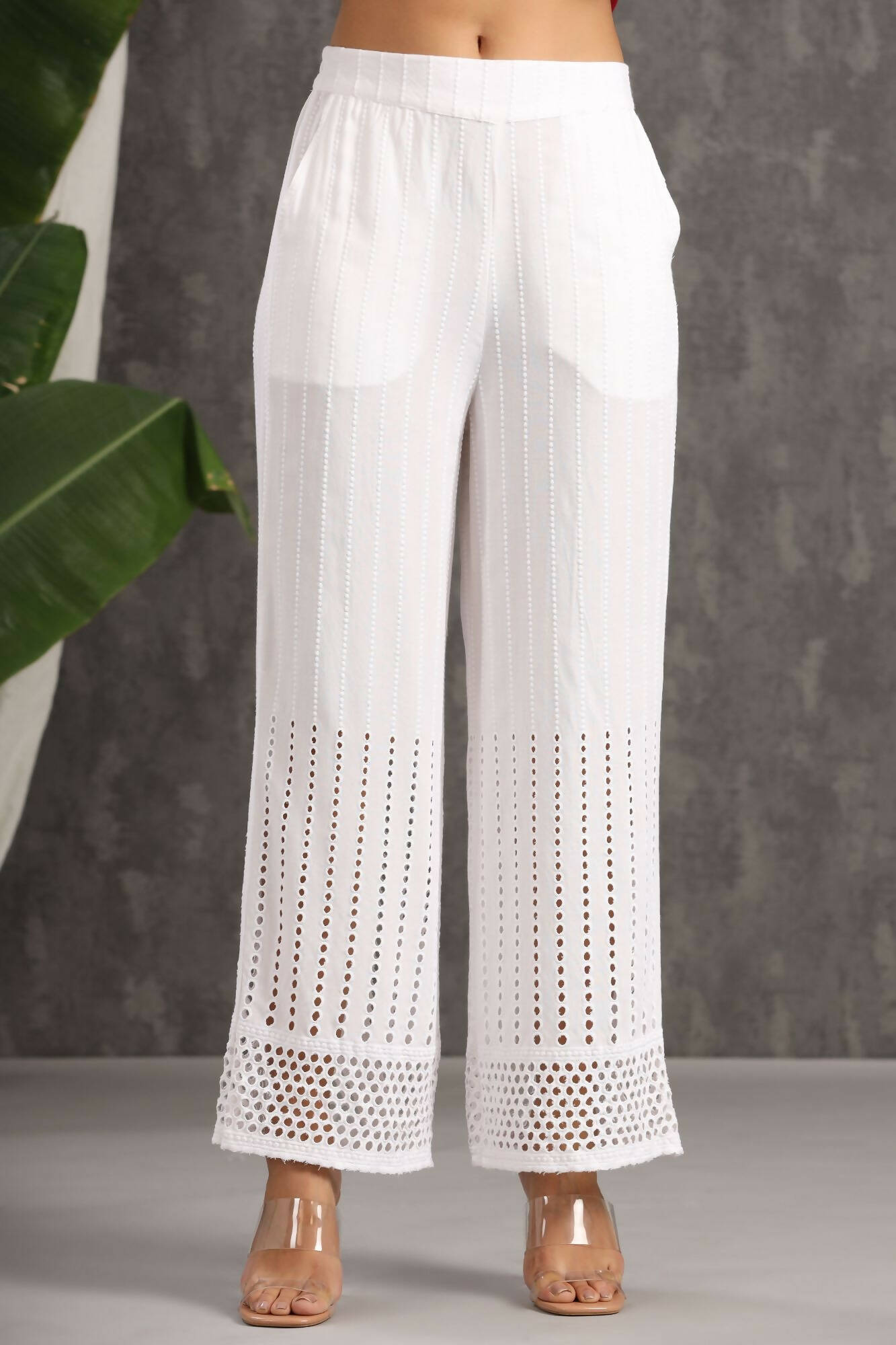 Juniper Women White Rayon Woven Design Flared Palazzo | Swadesiicart