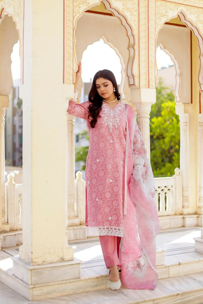 Vaasva Women Candy Pink Linen Printed Kurta, Pant & Dupatta set | Swadesiicart