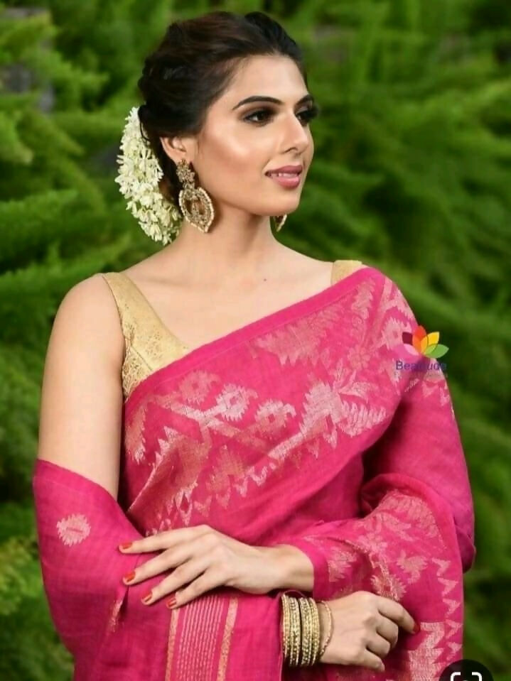 Exclusive Collection Pink Beautiful Linen Jamdani Saree - Swadesiicart
