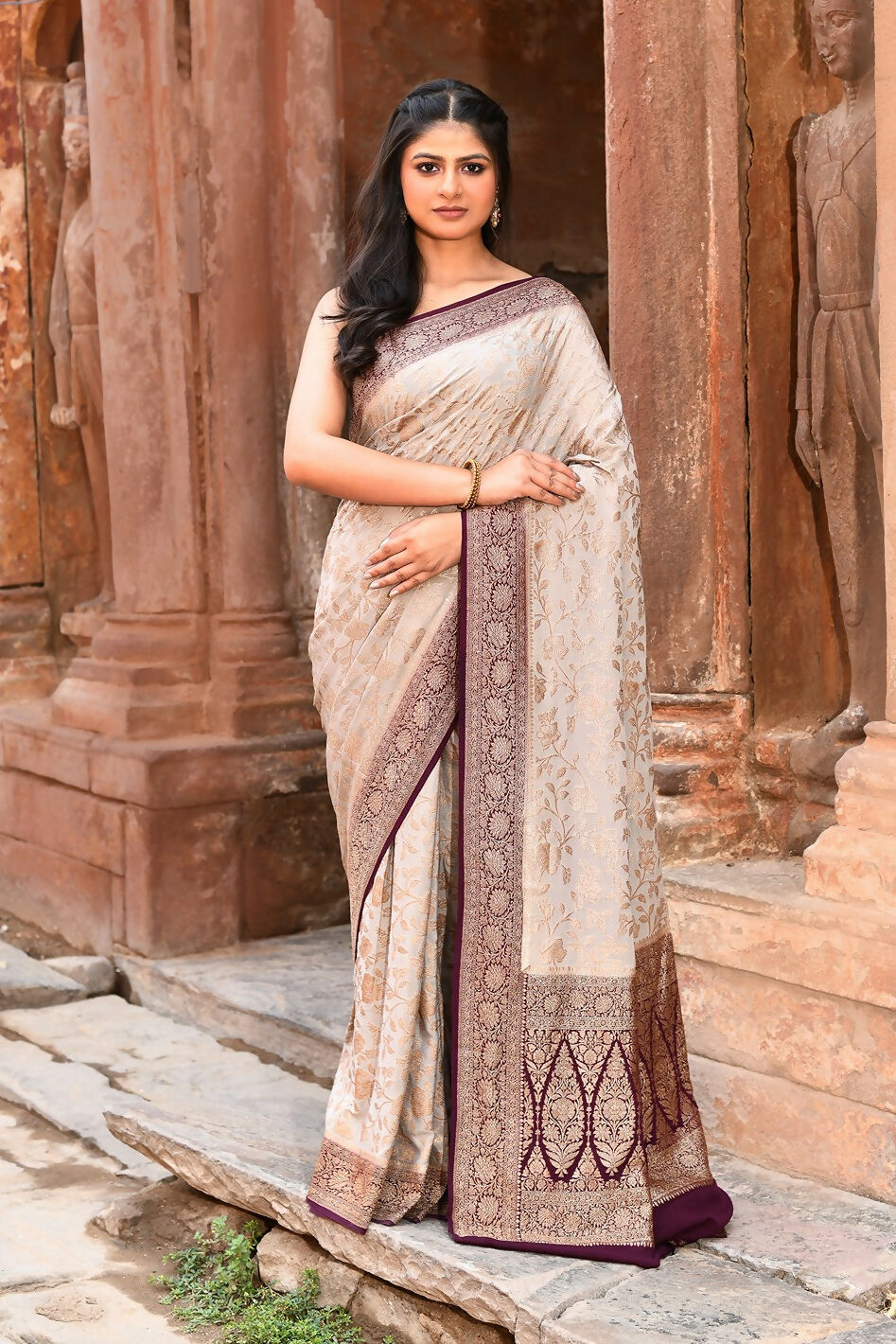 Joban Fashion Nude Grey Crepe Chiffon Pure Handloom Banarasi Silk Saree | Swadesiicart