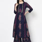 Aniyah Rayon Navy Blue Color Block Print A-line Flared Long Kurta Palazzo Set with Two Front Slits (AN-214K)