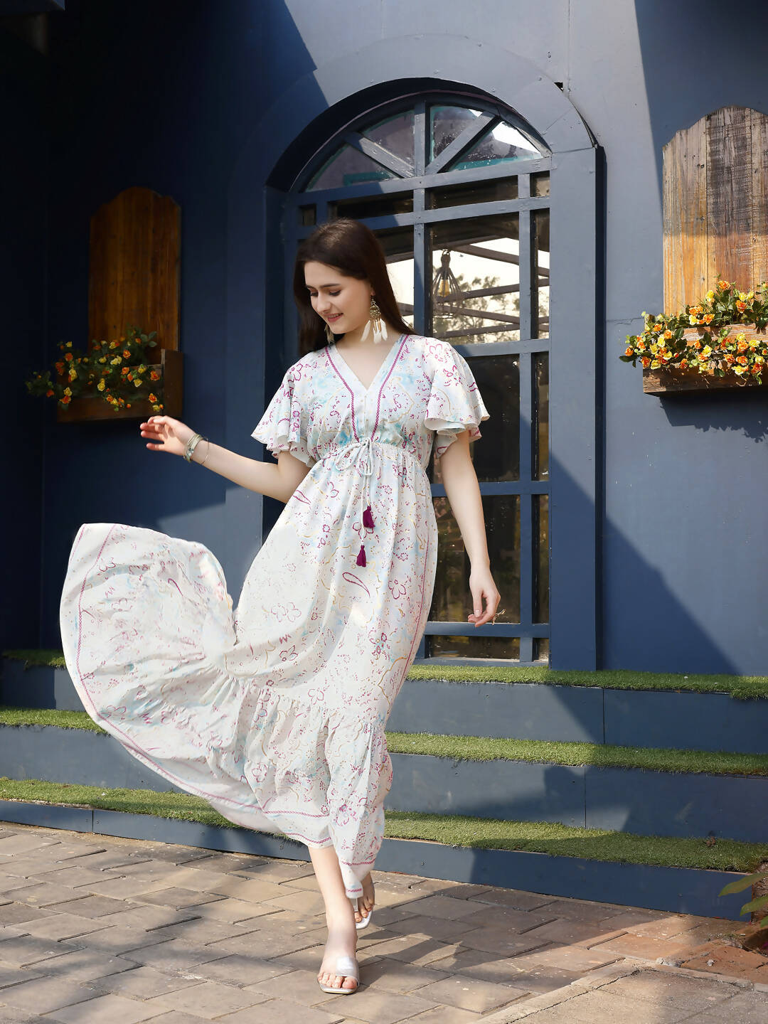 Off white Rayon Foil Printed Long Dress - Michan | Swadesiicart