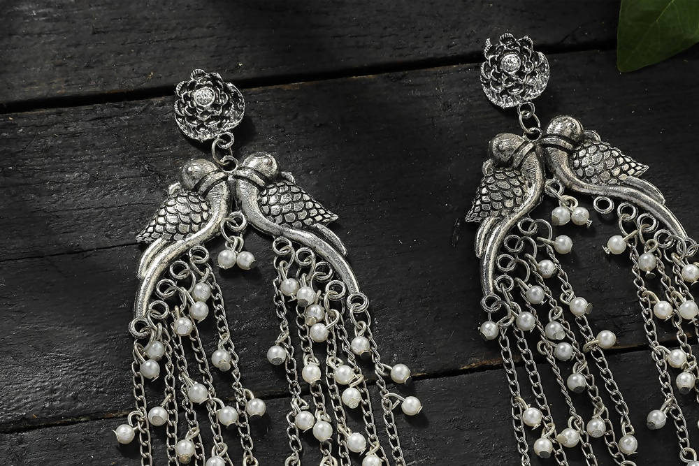 Mominos Fashion Johar Kamal Silver-Plated Oxidised Parrot Design Earrings - Swadesiicart