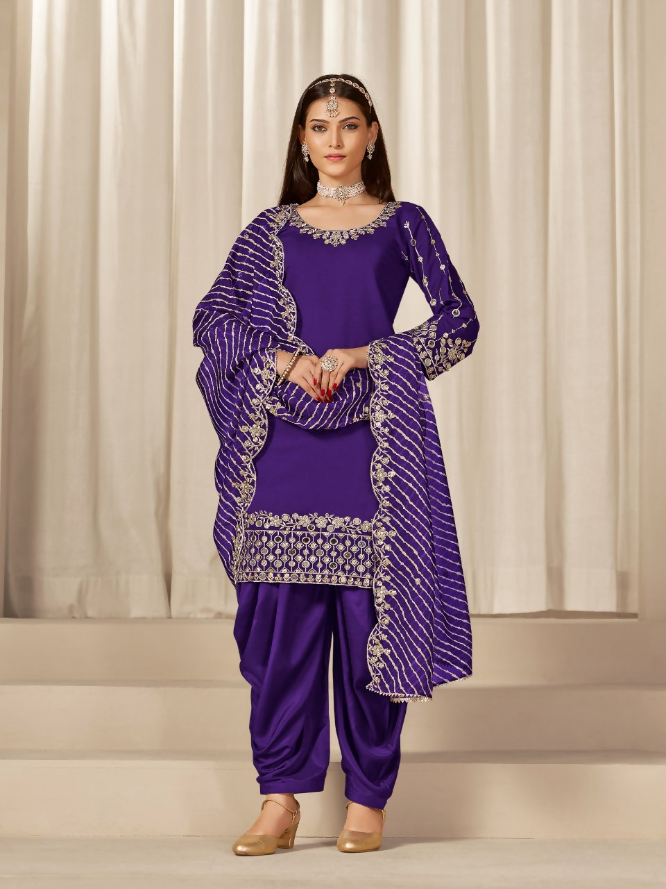Anaita Purple Roman Silk Stitched Suit with Embroidery & Real Mirror Work