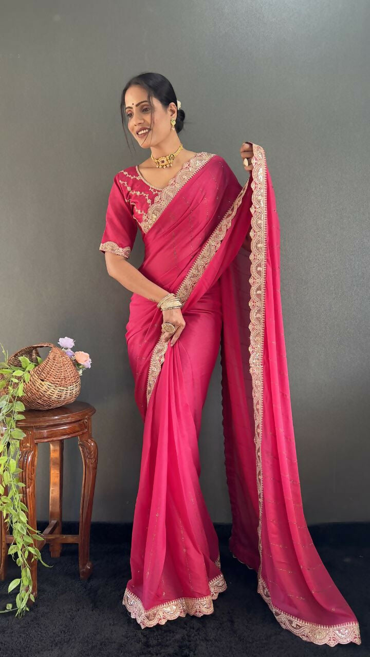 Vastranavya Pink Georgette Silk Swarovski & Heavy Lace Work Ready to Wear Saree | Swadesiicart