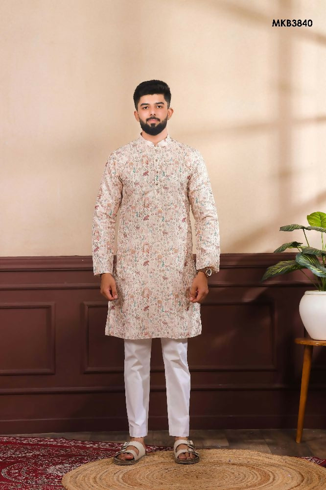 Beige Art Silk Digital Printed, Embroidery Work Kurta Set - Mahotsav