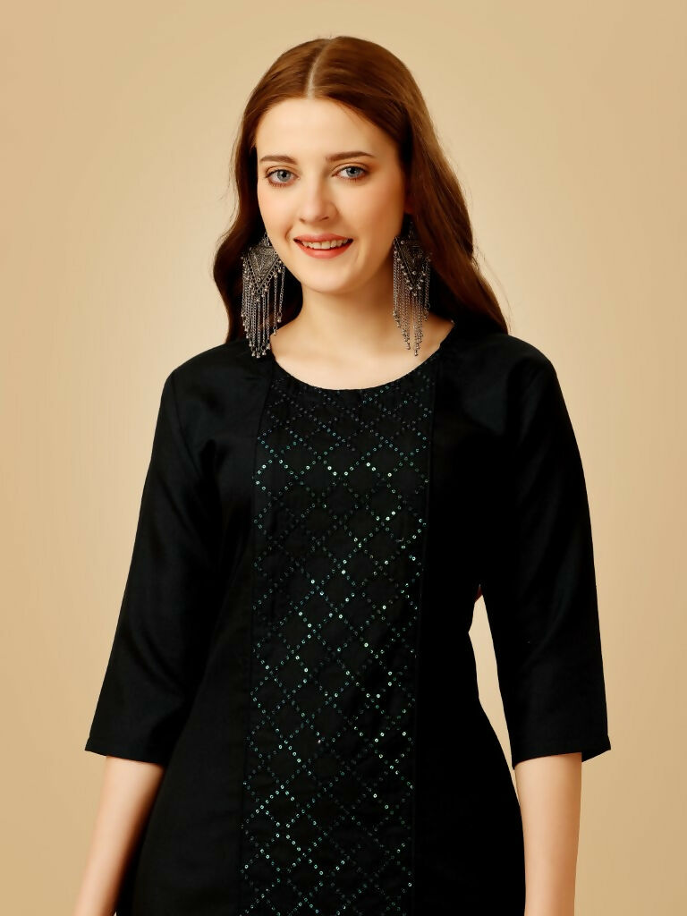 Jyoti Fashion Women's Black Cotton Blend Embroidered Kurta Pant Set | Swadesiicart
