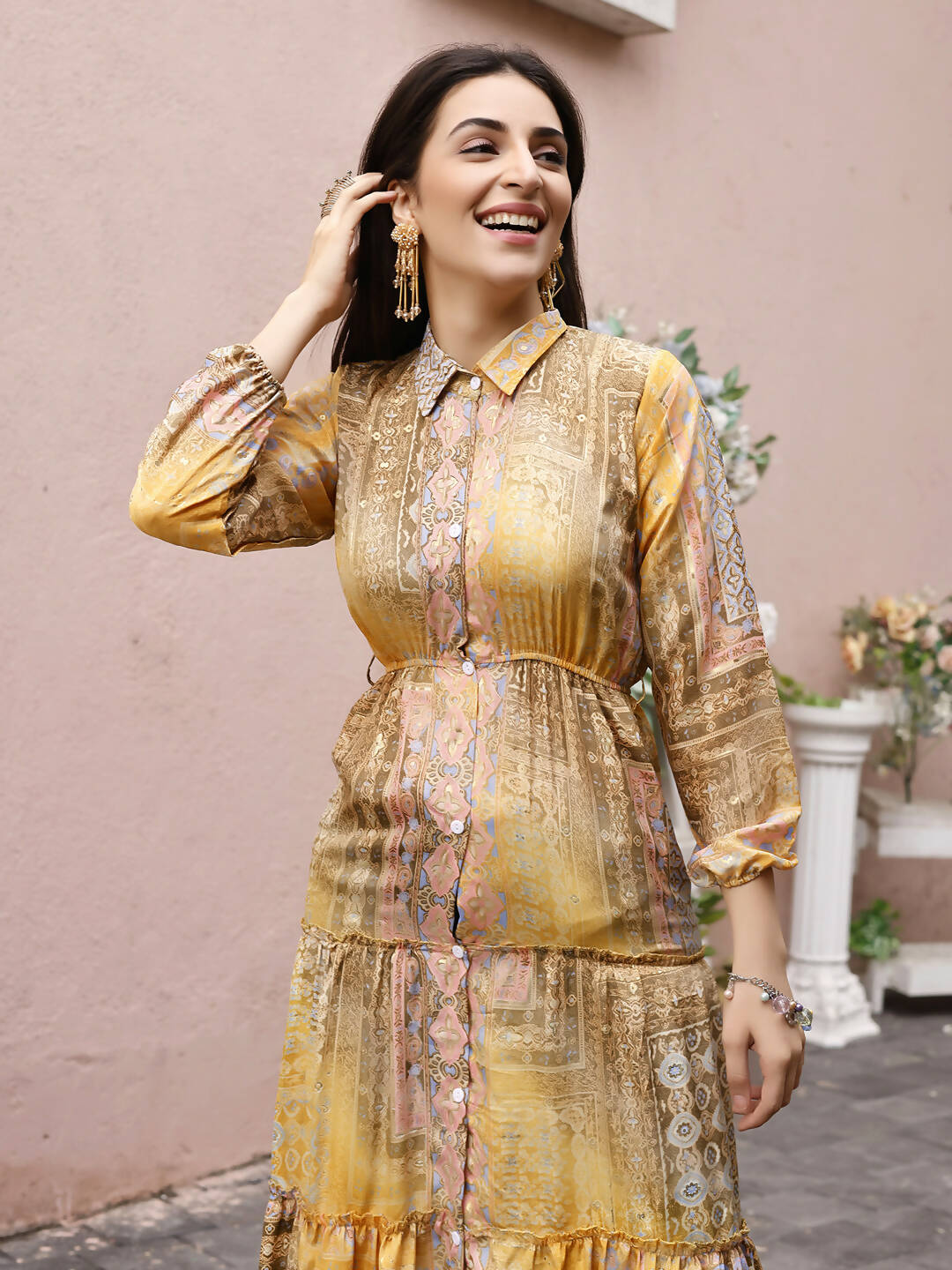 Mustard Crepe Foil Printed Long Dress - Michan | Swadesiicart