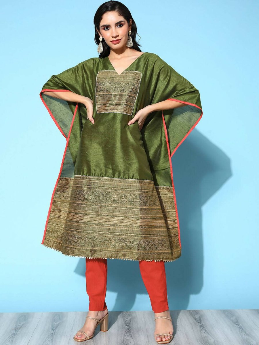 Ahalyaa Women Mehendi Poly Silk Gold Printed Kaftan Kurta | Swadesiicart