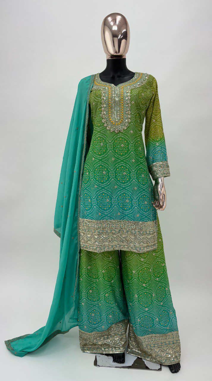 Lorenvalley Fashion Green and Teal Chinon Embroidery With Sequince Work Salwar Kameez Stitched | Swadesiicart