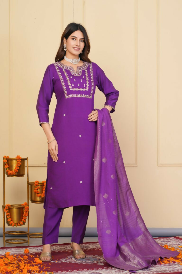 Purple Viscose Chanderi Embroidered Stitched Suit With Dupatta - Tanisha | Swadesiicart