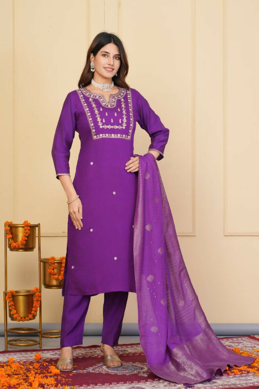 Purple Viscose Chanderi Embroidered Stitched Suit With Dupatta - Tanisha | Swadesiicart