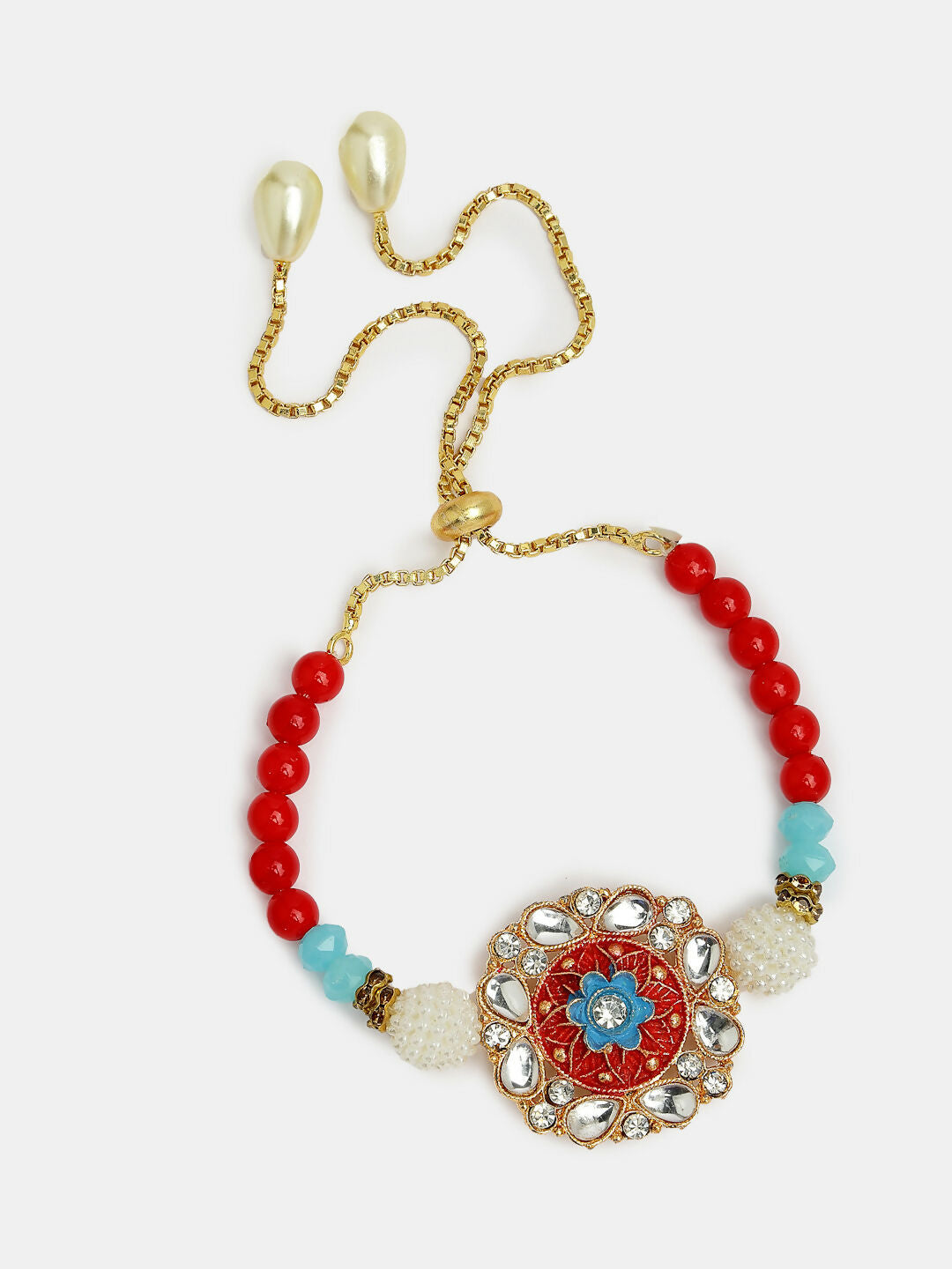 NVR Women & Men Set of 2 Red-colored Stone-Studded & Beaded Bhaiya Bhabhi Rakhi With Roli Chawal & Chocolate | Swadesiicart