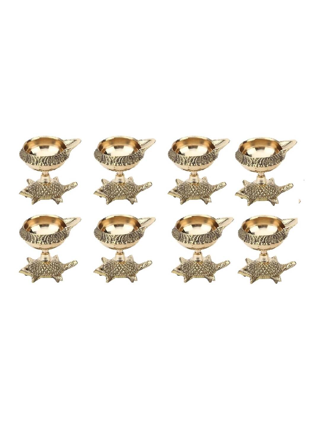 Tied Ribbons Gold Toned 8 Pieces Decorative Brass Diyas With Tortoise Base | Swadesiicart