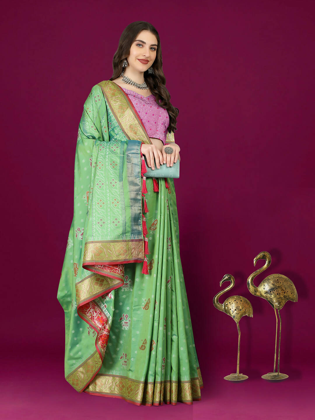 Lorenvalley Fashion Parotgreen Patola Silk Woven Design Zari Meenakari Weaving Saree - Swadesiicart