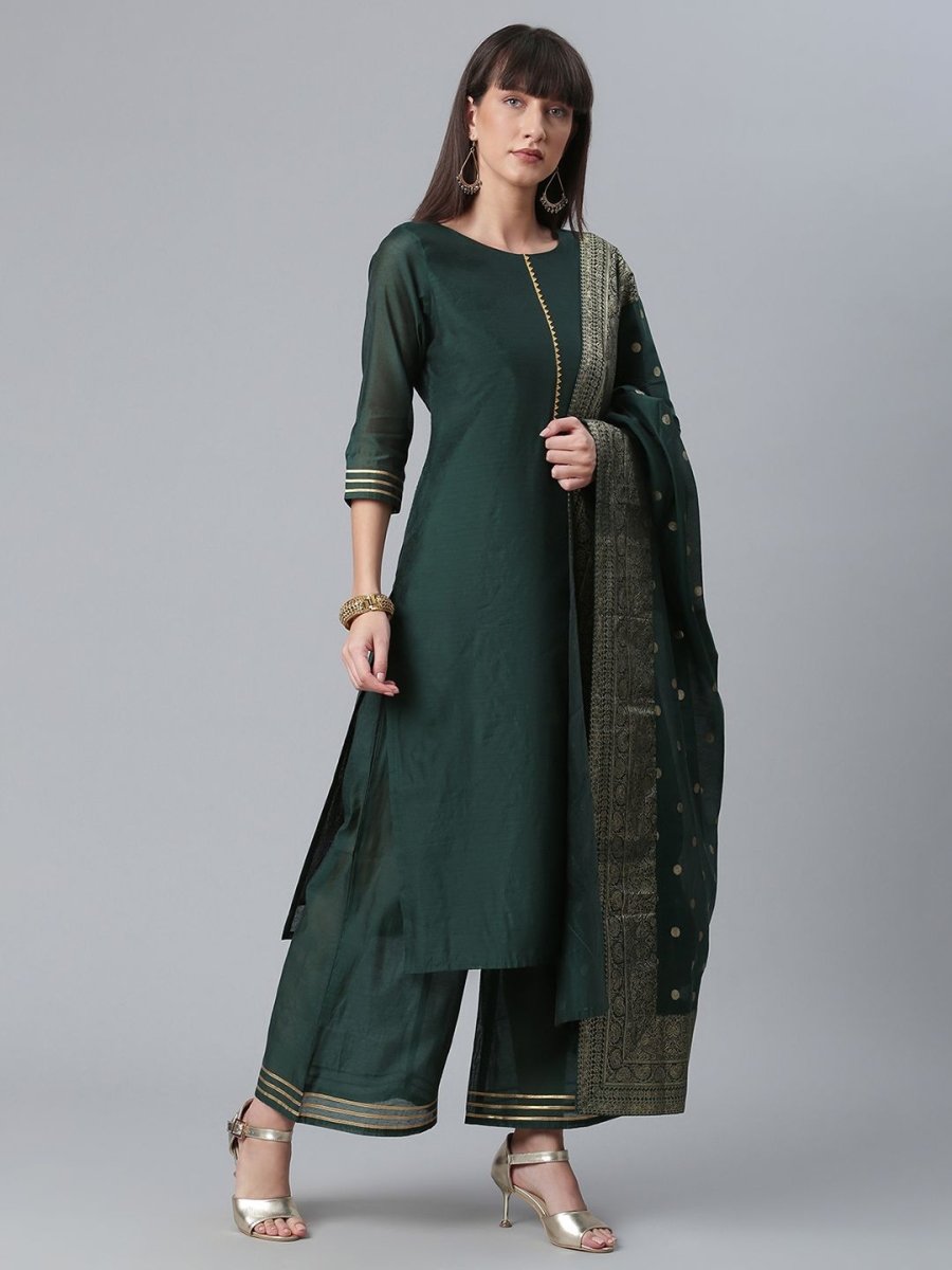 Ahalyaa Dark Green Chanderi Solid Kurta With Palazzo And Dupatta Set | Swadesiicart