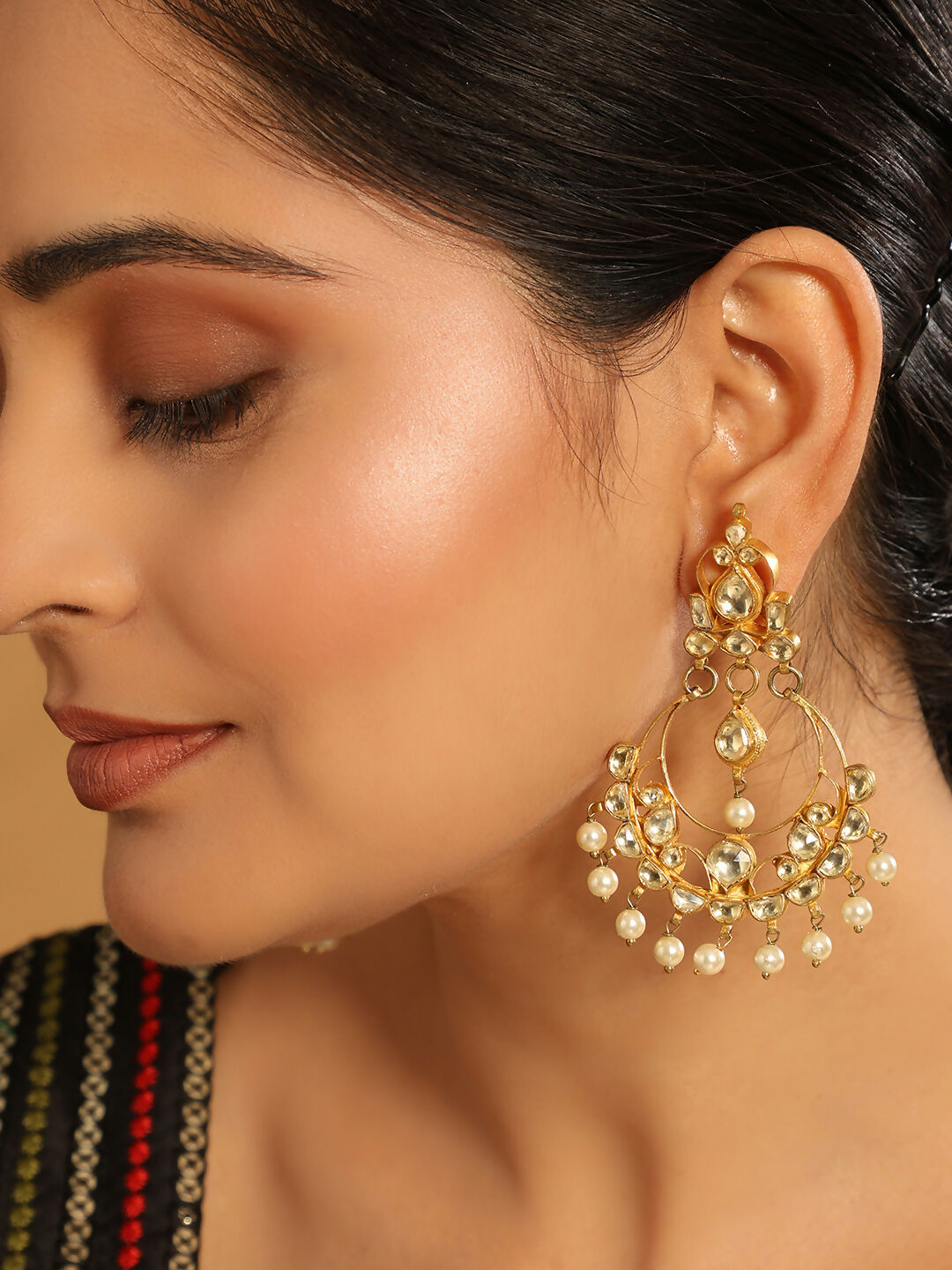 Nuyug 22K Gold Plated Kundan Studded Contemporary Shaped Pearl Drop Chandbalis | Swadesiicart