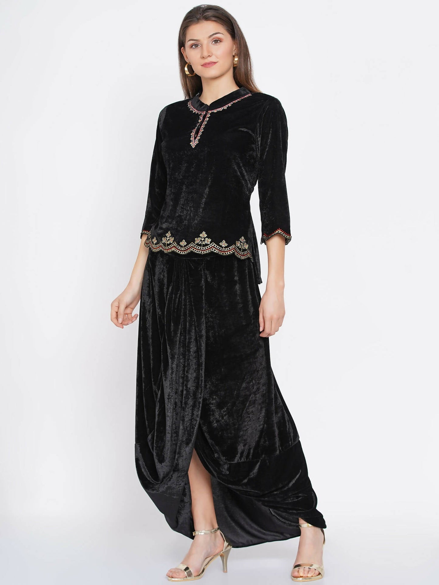 Women Republic Black Velvet Embroiderd Koti With Dhoti Pants | Swadesiicart