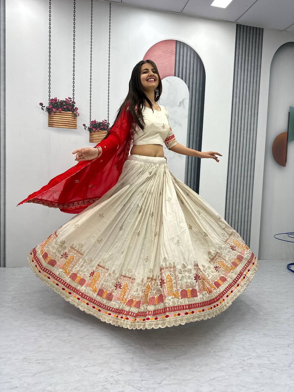 Teeya Creation Cream Color Banarasi Silk Heavy Embroidery Work Fully Stitched Lehenga Choli | Swadesiicart