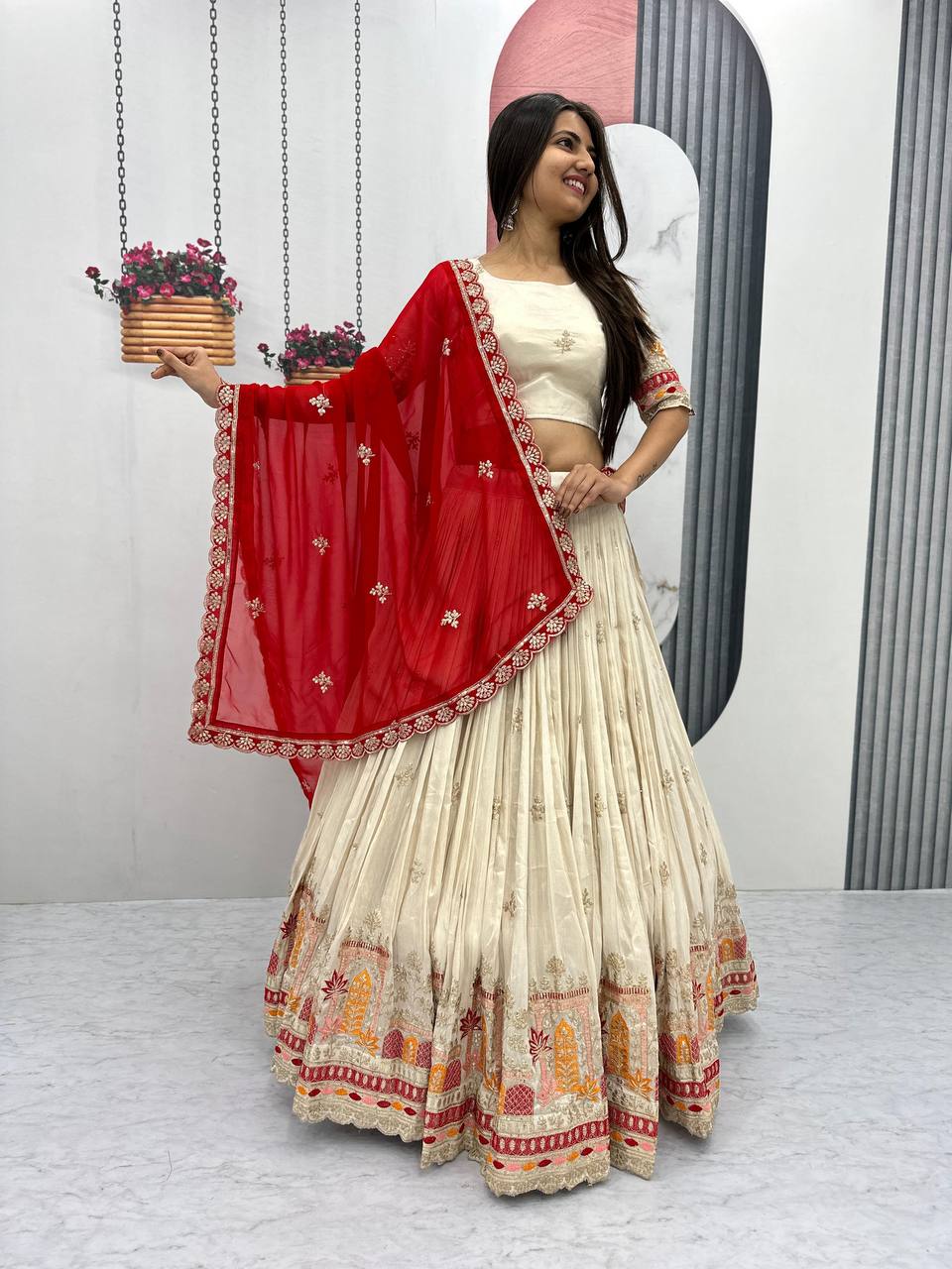 Teeya Creation Cream Color Banarasi Silk Heavy Embroidery Work Fully Stitched Lehenga Choli | Swadesiicart