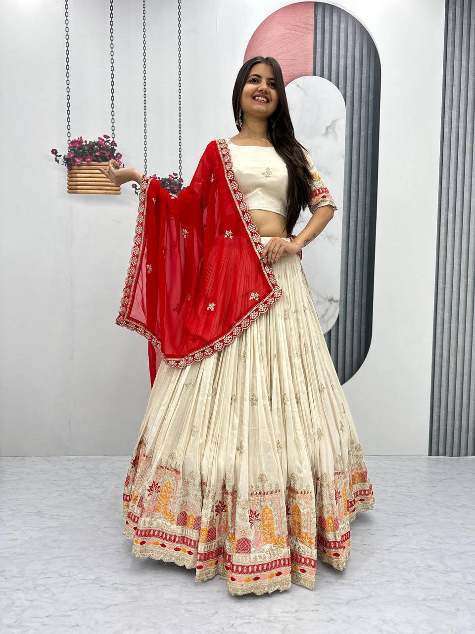 Teeya Creation Cream Color Banarasi Silk Heavy Embroidery Work Fully Stitched Lehenga Choli | Swadesiicart