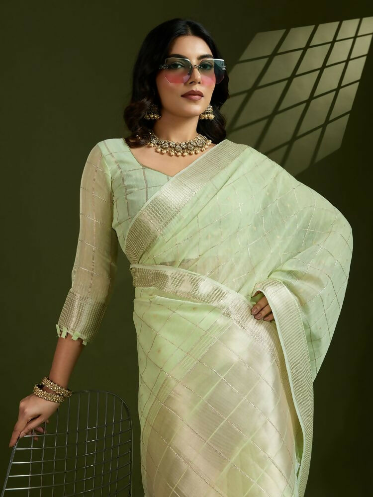 Vishnu Weaves Women's Pista Soft Silk Zari Woven Saree with Blouse - Swadesiicart