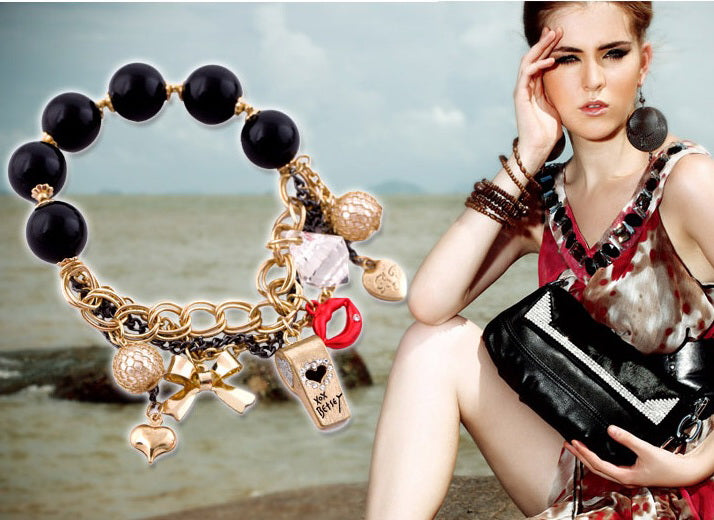 Gold-Polished Alloy Classy Beaded Charm Bracelet - The Pari - Swadesiicart