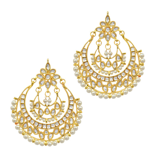 Gold-Polished Alloy Kundan & Pearl Chandbali Earrings - The Pari - The Pari - Dinesh Associates