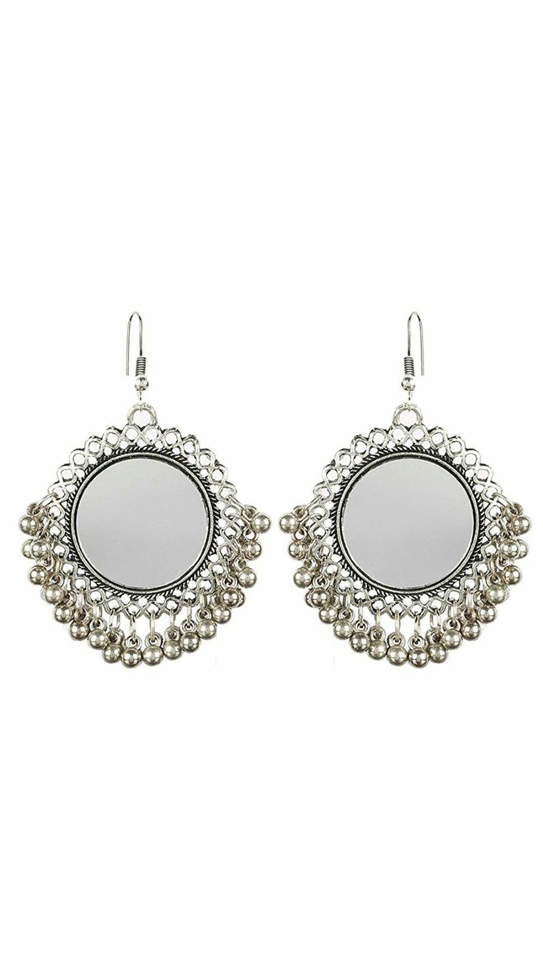 Silver-Plated Alloy Oxidised Designer Mirror Earrings - The Pari - The Pari - Dinesh Associates