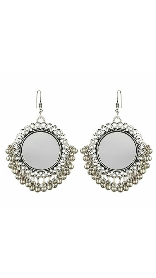 Silver-Plated Alloy Oxidised Designer Mirror Earrings - The Pari - The Pari - Dinesh Associates