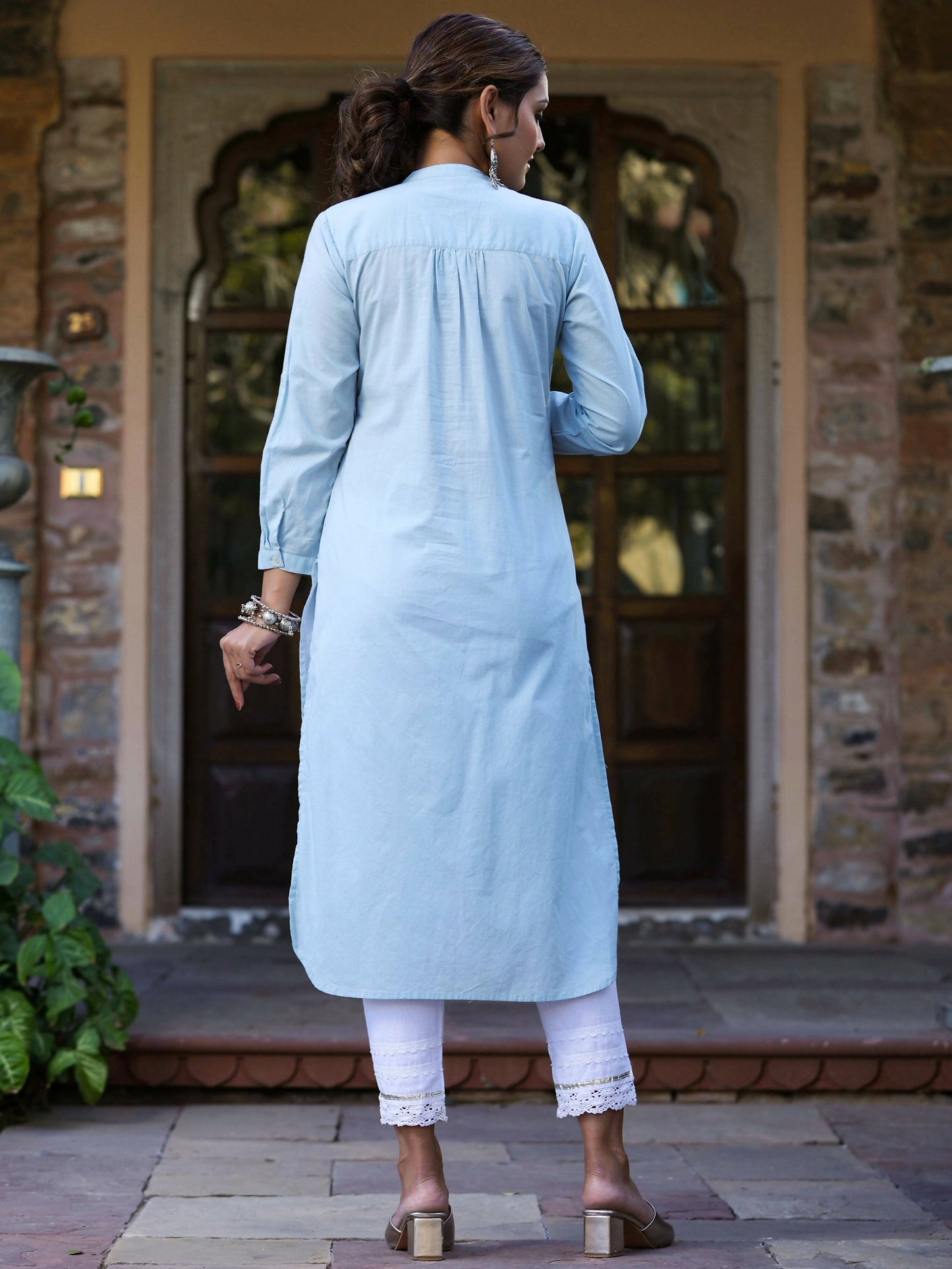 Juniper Women's Blue Cambric Embroidered Straight Kurta | Swadesiicart
