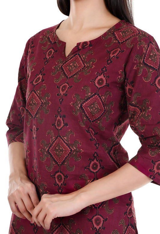 Jaitra Apparels Women Printed Pure Cotton Straight Kurta (Wine) - Swadesiicart